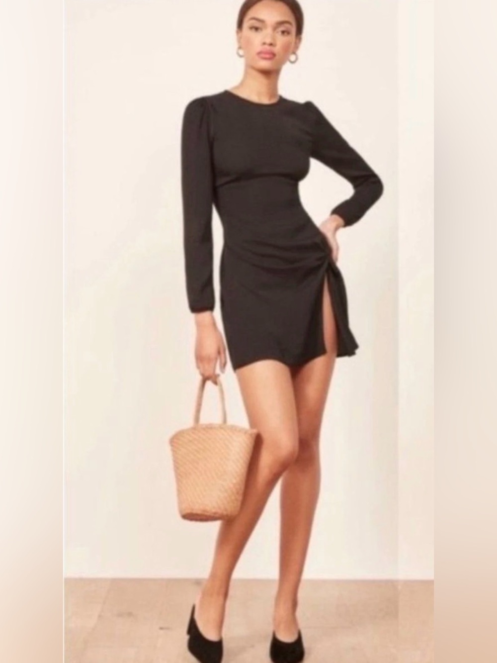 Reformation Cara black mini dress with leg slit size 6